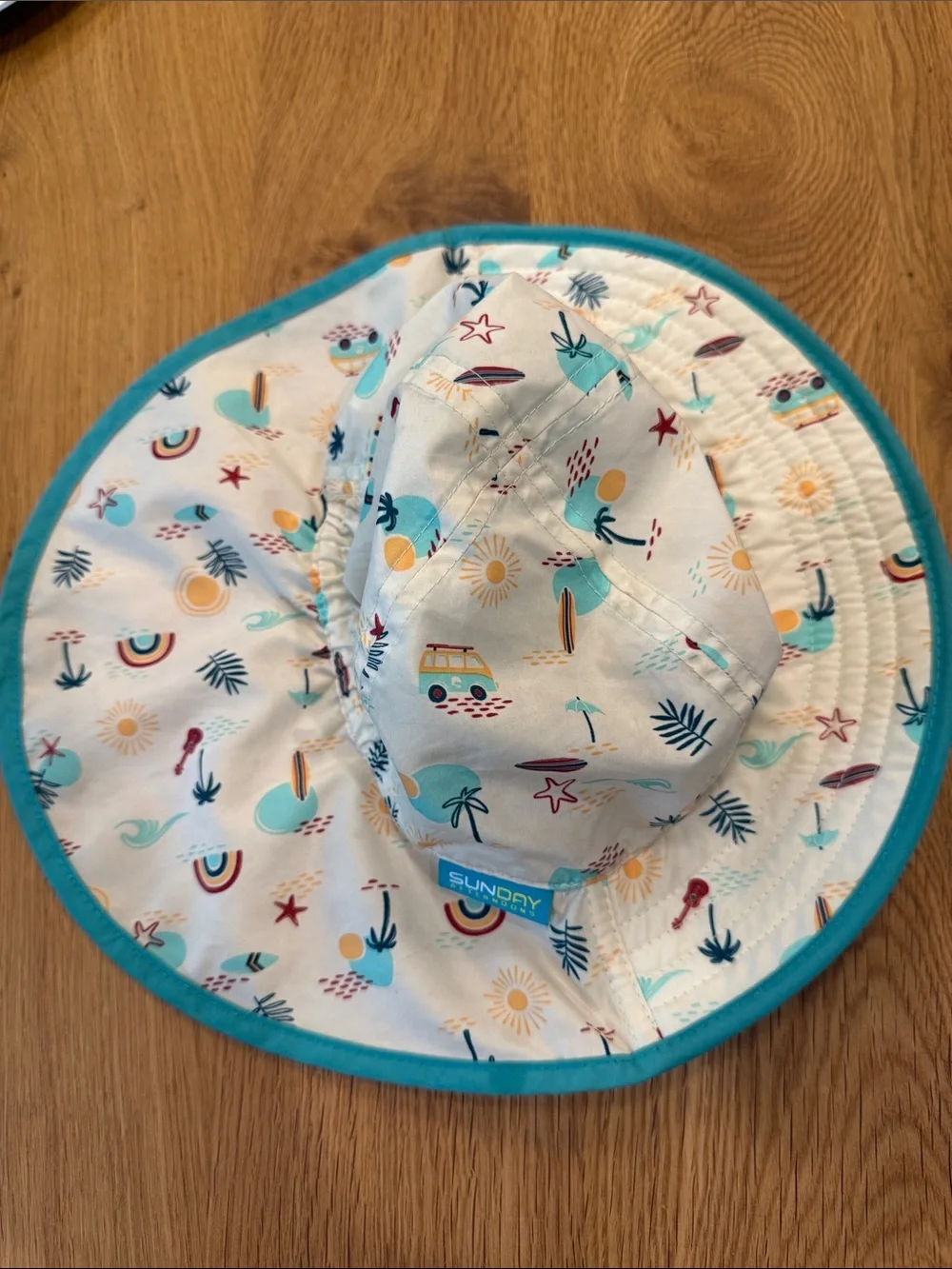 Sunday Afternoons Kids Sun Hat with Turquoise Trim and Beach Print 6-12 months